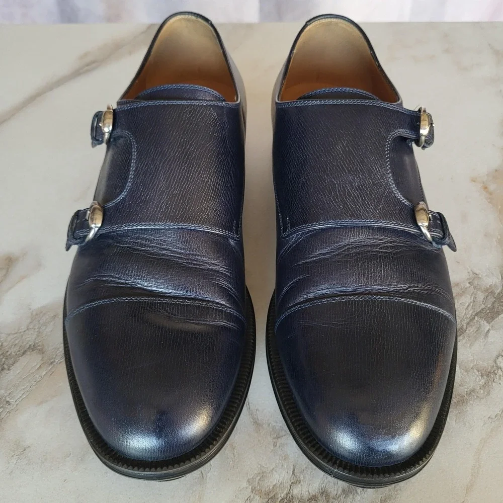 Gucci Monk Strap Shoes Mens US Size 11 Blue Leather Double Buckle Dress 322478